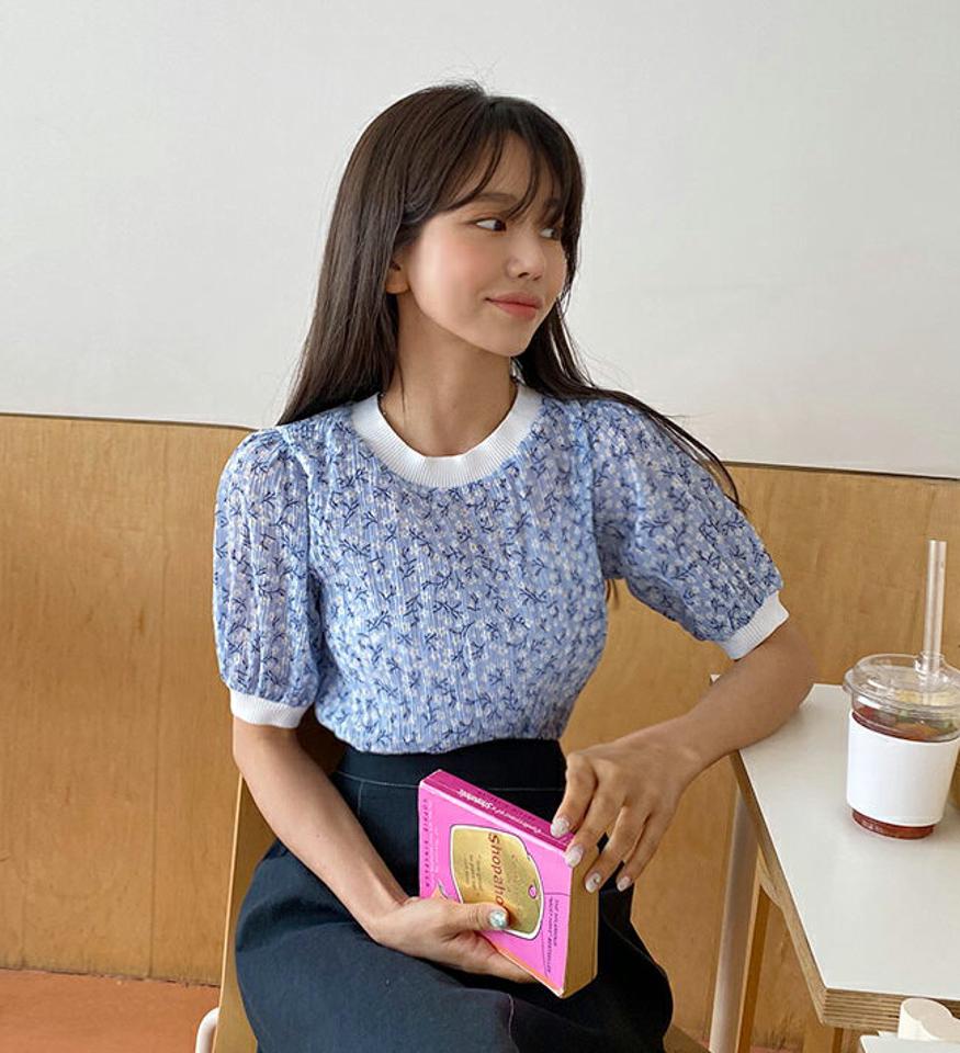 リンクルフラワー半袖Tシャツ・全3色・b57256 レディース 【tops】 韓国 ファッション トップス Tシャツ 半袖 花柄 フラワー パターン ラウンドネック リブ 配色 リンクル ショートスリーブ フェミニン カジュアル 体型カーバー 夏 春