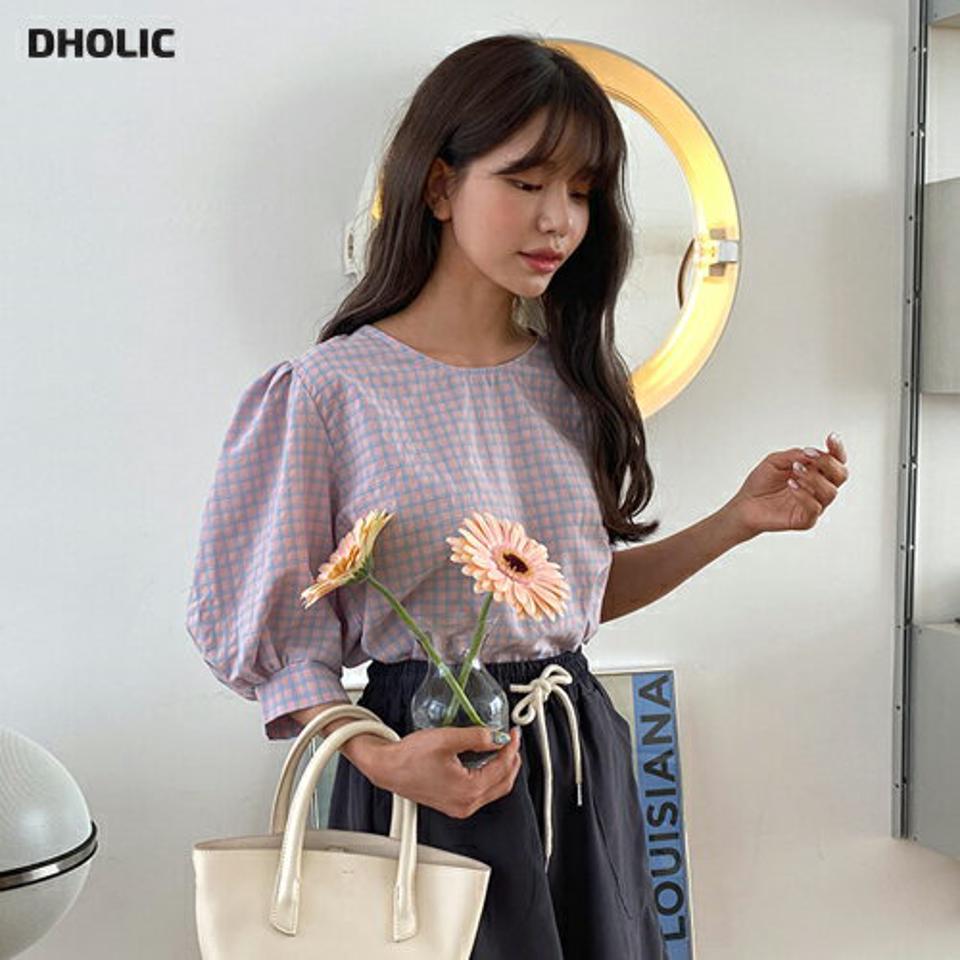 パステルチェックパフブラウス・全3色・b57258 レディース 【bl】【韓国 ファッション トップス ブラウス 半袖 チェック柄 ガーリー パフスリーブ ラウンドネック 7分袖 ボリューム フェミニン 体型カバー スリム 細身 夏 春】