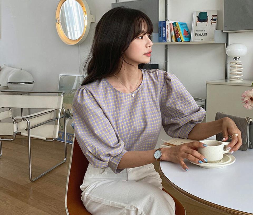 パステルチェックパフブラウス・全3色・b57258 レディース 【bl】【韓国 ファッション トップス ブラウス 半袖 チェック柄 ガーリー パフスリーブ ラウンドネック 7分袖 ボリューム フェミニン 体型カバー スリム 細身 夏 春】