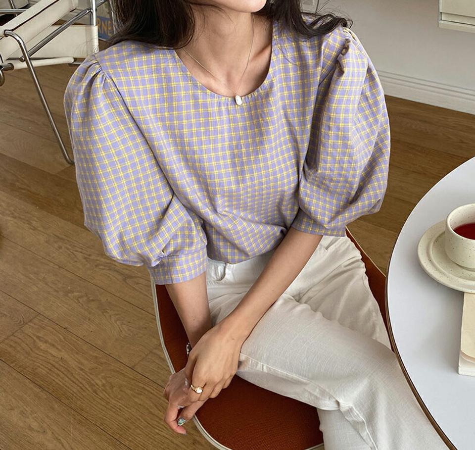 パステルチェックパフブラウス・全3色・b57258 レディース 【bl】【韓国 ファッション トップス ブラウス 半袖 チェック柄 ガーリー パフスリーブ ラウンドネック 7分袖 ボリューム フェミニン 体型カバー スリム 細身 夏 春】