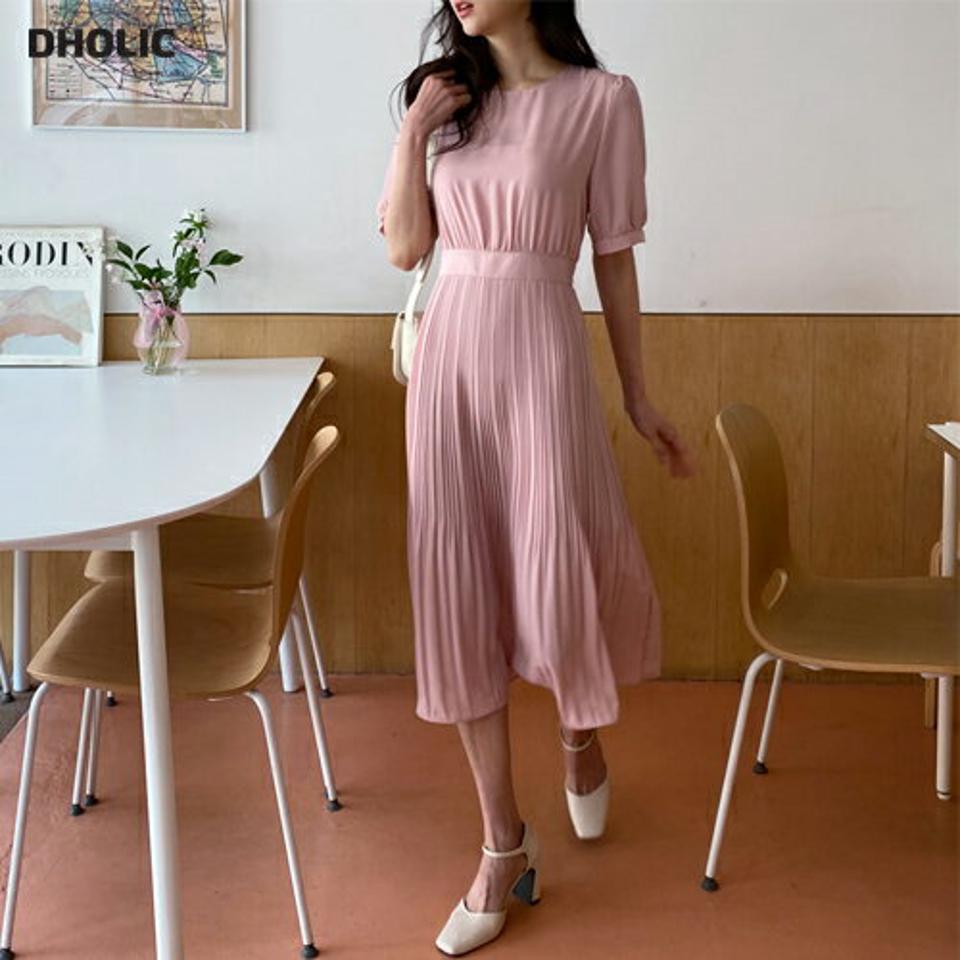 プリーツリボンワンピース・全3色・t57286 レディース 【ops】 韓国 ファッション ワンピース ロング ロングワンピース 半袖 プリーツ リボン プリーツワンピース シフォン ラウンドネック ハーフスリーブ 体型カバー 細身 ベーシック 夏 春
