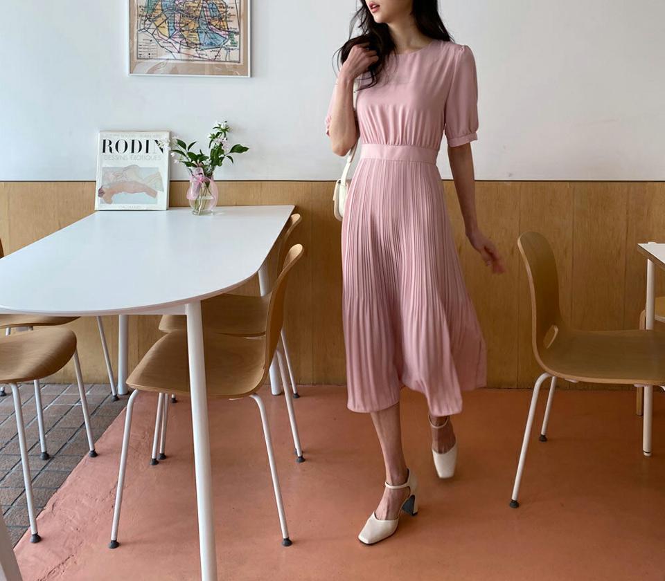 プリーツリボンワンピース・全3色・t57286 レディース 【ops】 韓国 ファッション ワンピース ロング ロングワンピース 半袖 プリーツ リボン プリーツワンピース シフォン ラウンドネック ハーフスリーブ 体型カバー 細身 ベーシック 夏 春