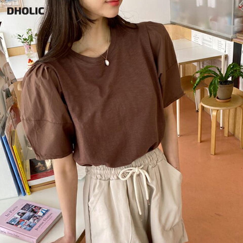 パフスリーブTシャツ・全3色・b57255 レディース 【tops】【韓国 ファッション トップス Tシャツ 半袖 パフスリーブ ラウンドネック 5分袖 5分丈スリーブ フェミニン カジュアル 体型カーバー ベーシック 夏 春】