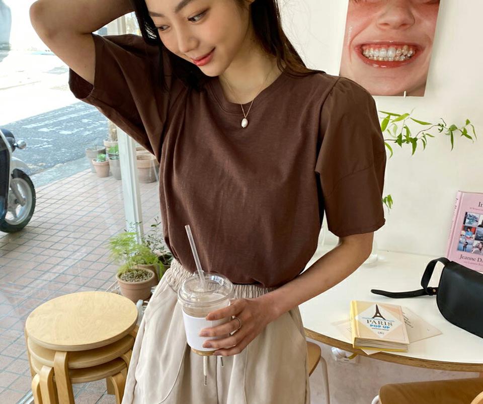パフスリーブTシャツ・全3色・b57255 レディース 【tops】【韓国 ファッション トップス Tシャツ 半袖 パフスリーブ ラウンドネック 5分袖 5分丈スリーブ フェミニン カジュアル 体型カーバー ベーシック 夏 春】