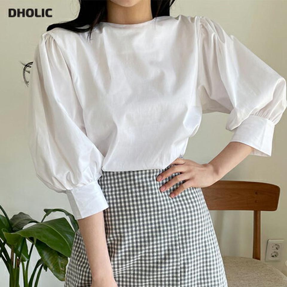 ラウンドパフブラウス・全5色・t64027 レディース 【bl】【韓国 ファッション トップス ブラウス 長袖 ラウンドネック 7分丈 パフスリーブ ルーズ ゆったり ガーリー ベーシック 体型カバー 細身 かわいい 春 夏】【NIJU】