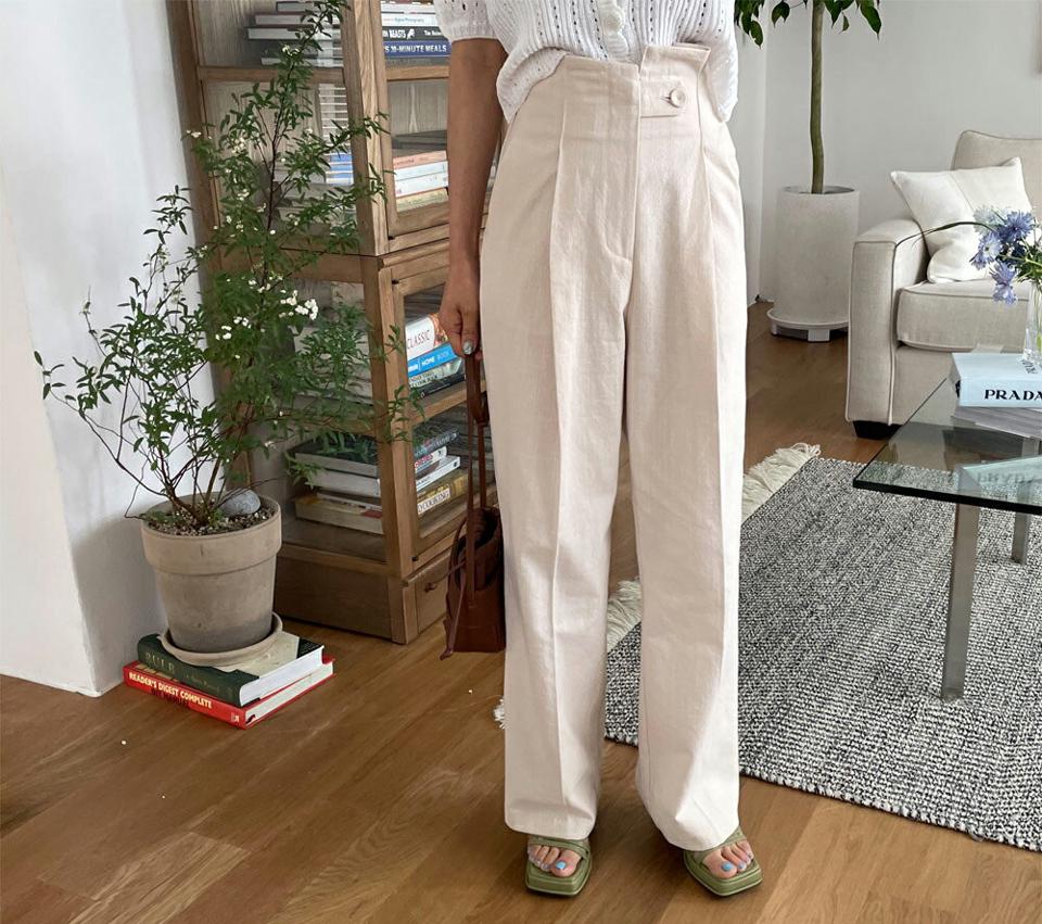 リネン混ボタンワイドパンツ・全2色・t65244 レディース 【pt】 韓国 ファッション ボトムス ロング ロングパンツ 美脚 ドライ リネン ハイウエスト ワイド ワイドパンツ 型カーバー 10分丈 十分丈 夏 春
