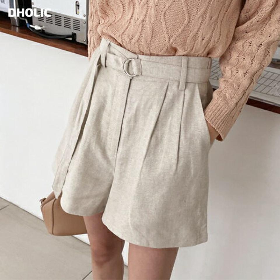 【只今10%OFF】ベルト付リネン混ショートパンツ・全2色・b65261 レディース 【pt】【韓国 ファッション ボトムス ショート ショートパンツ リネンブレンド ヘリンボーン 足長 ハイウエスト ツータック ベルト セット 美脚 夏 春】