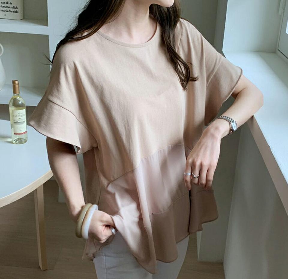 シフォンフレアヘムTシャツ・全3色・t68105 レディース 【tops】【トップス Tシャツ 半袖 ハーフスリーブ シフォン フレア 単色 無地 シンプル フレアトップス かわいい 可愛い カジュアル 春 夏 韓国 ファッション】【ハイホリHIHOLLI】