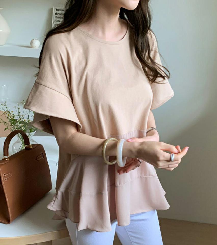 シフォンフレアヘムTシャツ・全3色・t68105 レディース 【tops】【トップス Tシャツ 半袖 ハーフスリーブ シフォン フレア 単色 無地 シンプル フレアトップス かわいい 可愛い カジュアル 春 夏 韓国 ファッション】【ハイホリHIHOLLI】