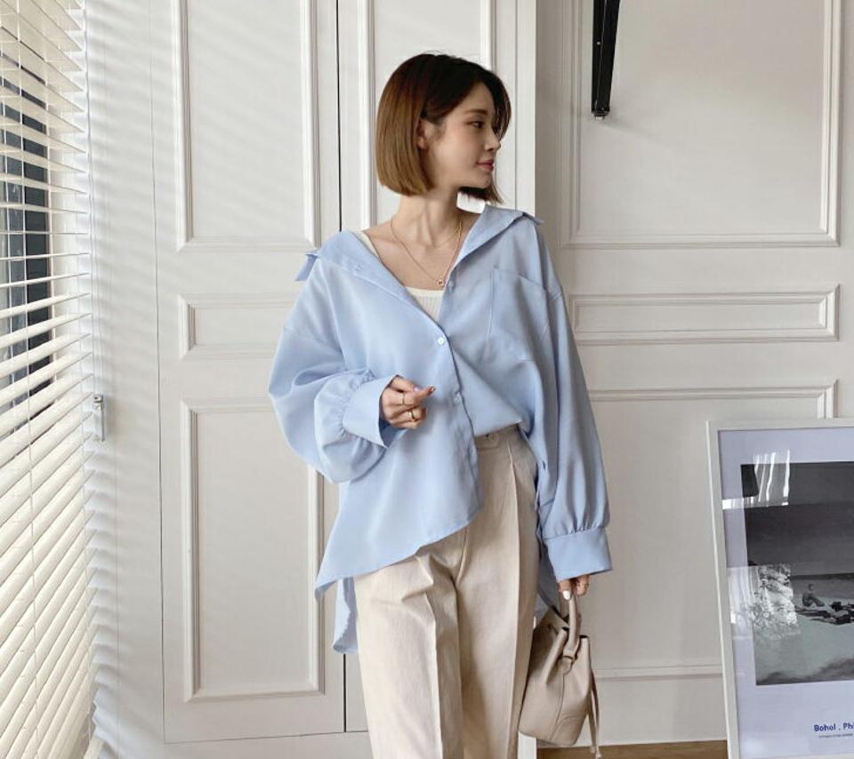 ルーズフィットシャツ・全4色・t65260 レディース 【bl】【韓国 ファッション トップス シャツ 長袖 アンバランス ルーズ ゆったり 体型カバー スリム ベーシック 細身 夏 春】