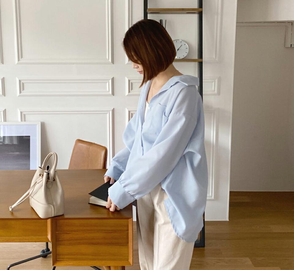 ルーズフィットシャツ・全4色・t65260 レディース 【bl】【韓国 ファッション トップス シャツ 長袖 アンバランス ルーズ ゆったり 体型カバー スリム ベーシック 細身 夏 春】