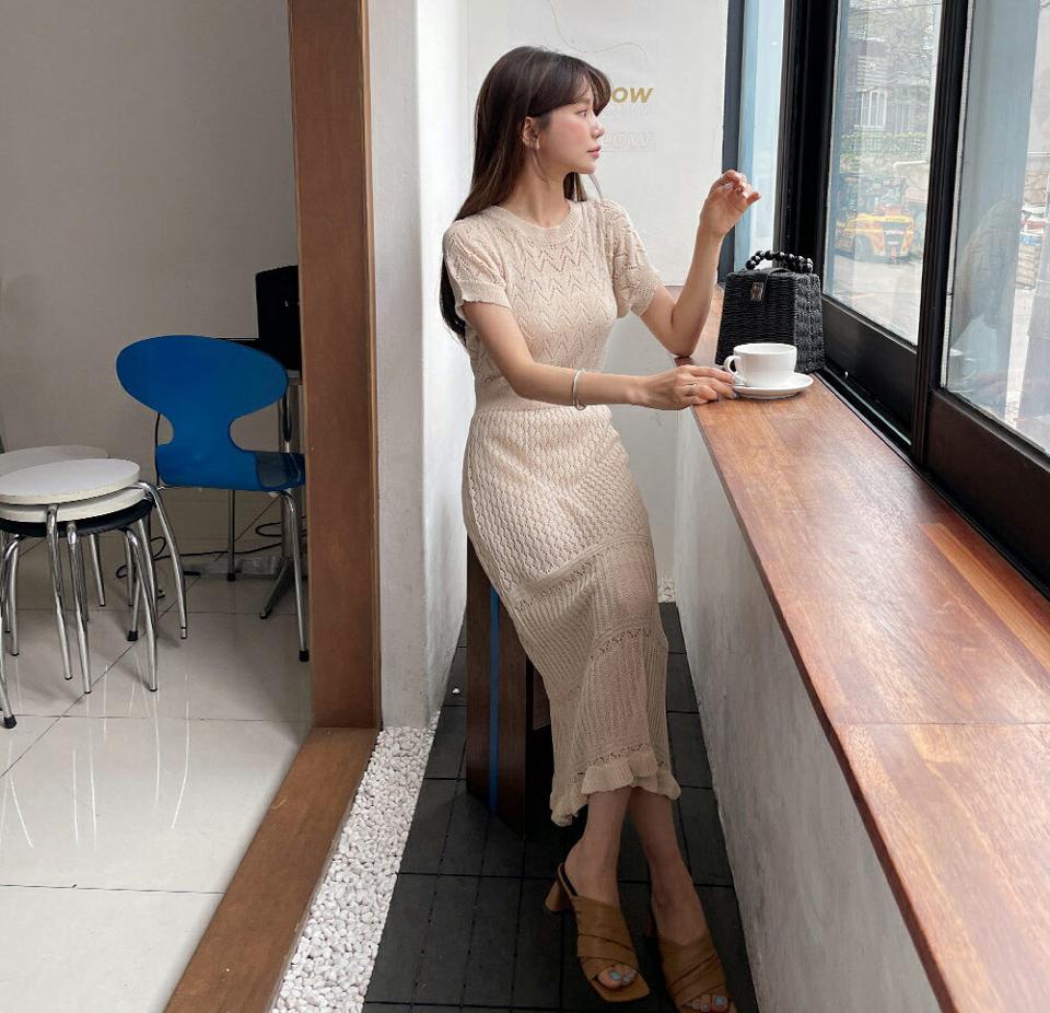 ニットキャミ&ワンピースSET・全2色・b65234 レディース 【ops】【韓国 ファッション ワンピース ロング ロングワンピース 半袖 レイヤード セット ニットワンピース キャミ スクエアネック 体型カバー 細身 リブ ジグザグ 夏 春】