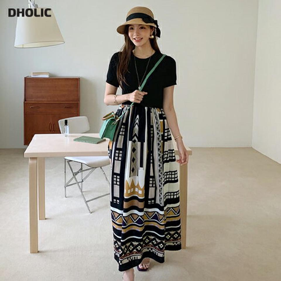 パターンコントラストニットワンピース・全2色・b68113 レディース 【ops】【ワンピース ロング ロングワンピース 半袖 ニット コントラスト 柄 大人 カジュアル フレアワンピース 異素材 春 夏 韓国 ファッション】【ハイホリHIHOLLI】