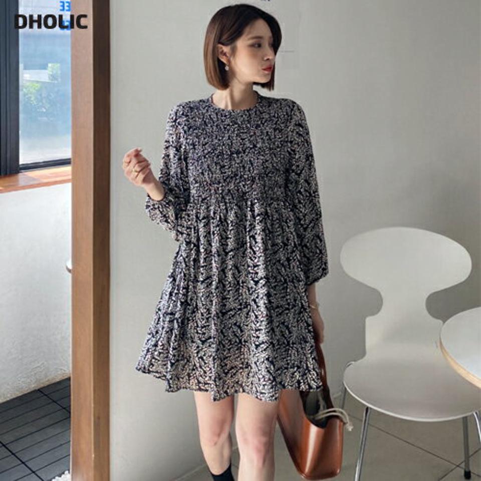 ストラップ付シャーリングパターンワンピース・全2色・e65226 レディース 【ops】 韓国ファッション ワンピース ミニ ミニワンピース 長袖 シャーリング フィット パターン ラウンドネック セット ストライプ シフォン 体型カバー 細身 夏 春