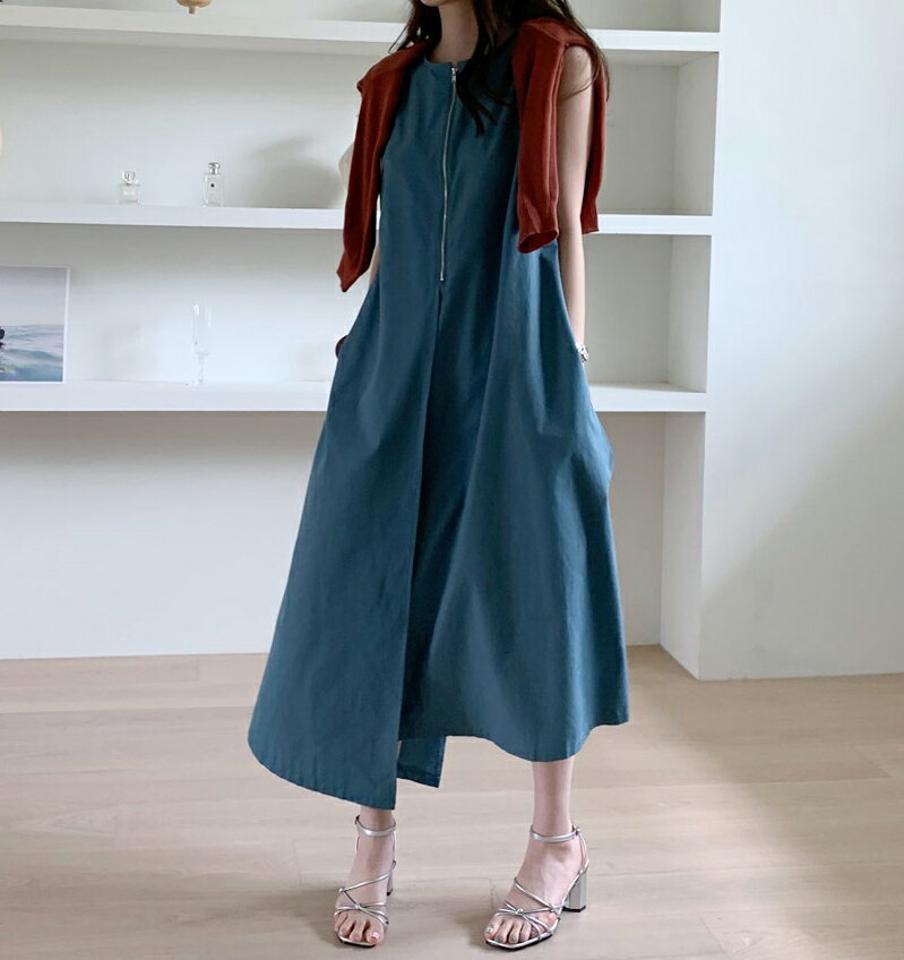 ジップアシメノースリワンピース・全3色・b68112 レディース 【ops】 ワンピース ロング ロングワンピース スリーブレス ノースリーブ ジップ アシメ アンバランス 単色 無地 カジュアル 春 夏 韓国 ファッション ハイホリHIHOLLI