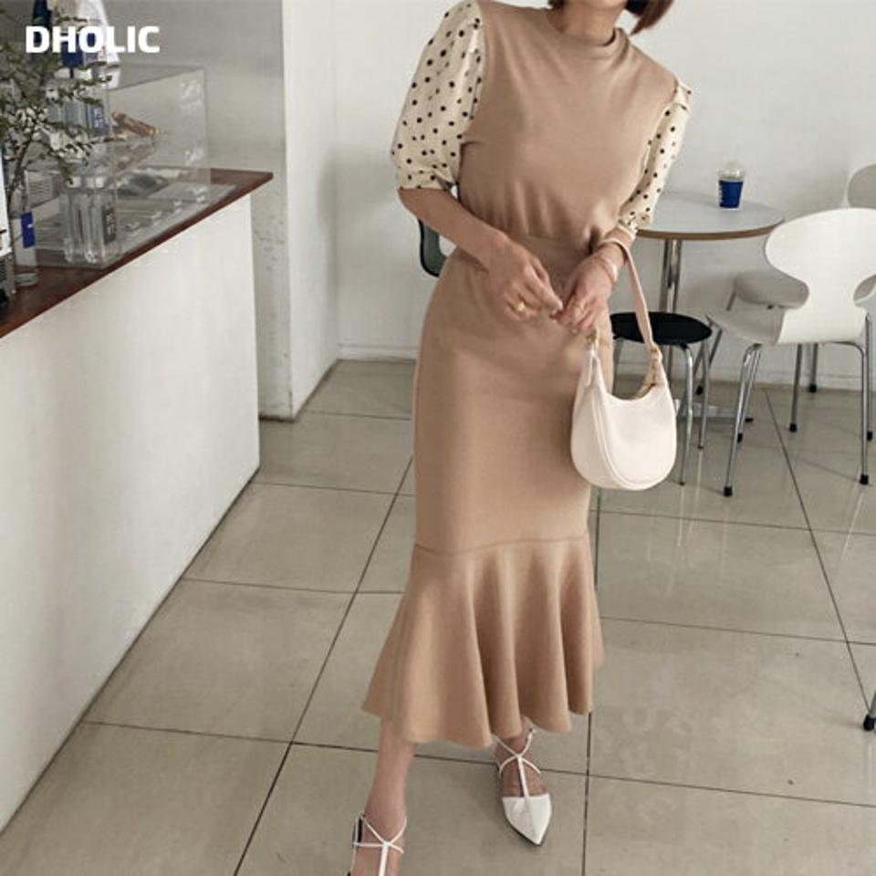 【全品10%OFF】ドットスリーブワンピース・全2色・b65237 レディース 【ops】【韓国 ファッション ワンピース ロング ロングワンピース 長袖 ラウンドネック マーメイド スリム ドットスリーブ 異素材 ドット 体型カバー 細身 夏 春】