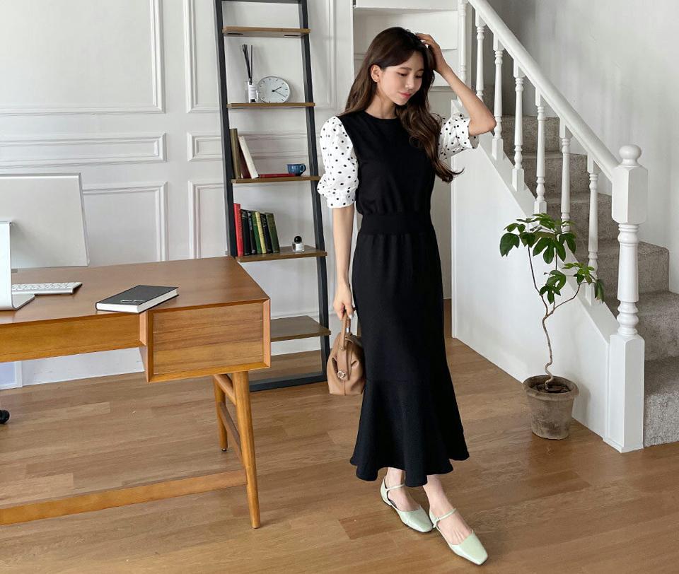 【全品10%OFF】ドットスリーブワンピース・全2色・b65237 レディース 【ops】【韓国 ファッション ワンピース ロング ロングワンピース 長袖 ラウンドネック マーメイド スリム ドットスリーブ 異素材 ドット 体型カバー 細身 夏 春】