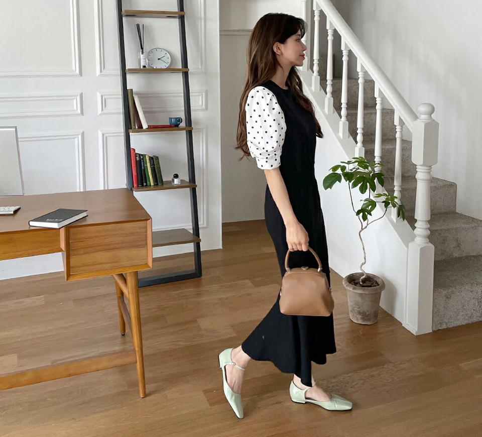 【全品10%OFF】ドットスリーブワンピース・全2色・b65237 レディース 【ops】【韓国 ファッション ワンピース ロング ロングワンピース 長袖 ラウンドネック マーメイド スリム ドットスリーブ 異素材 ドット 体型カバー 細身 夏 春】