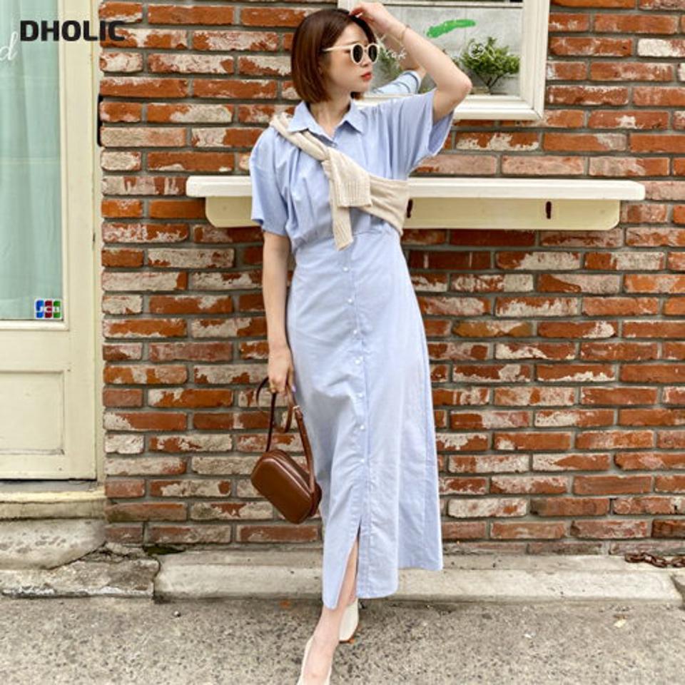 リボンシャツワンピース・全4色・t65240 レディース 【ops】 韓国 ファッション ワンピース ロング ロングワンピース 半袖 シャツワンピース リボン スリム フィット ボタン ハーフスリーブ 体型カバー 細身 ベーシック 夏 春