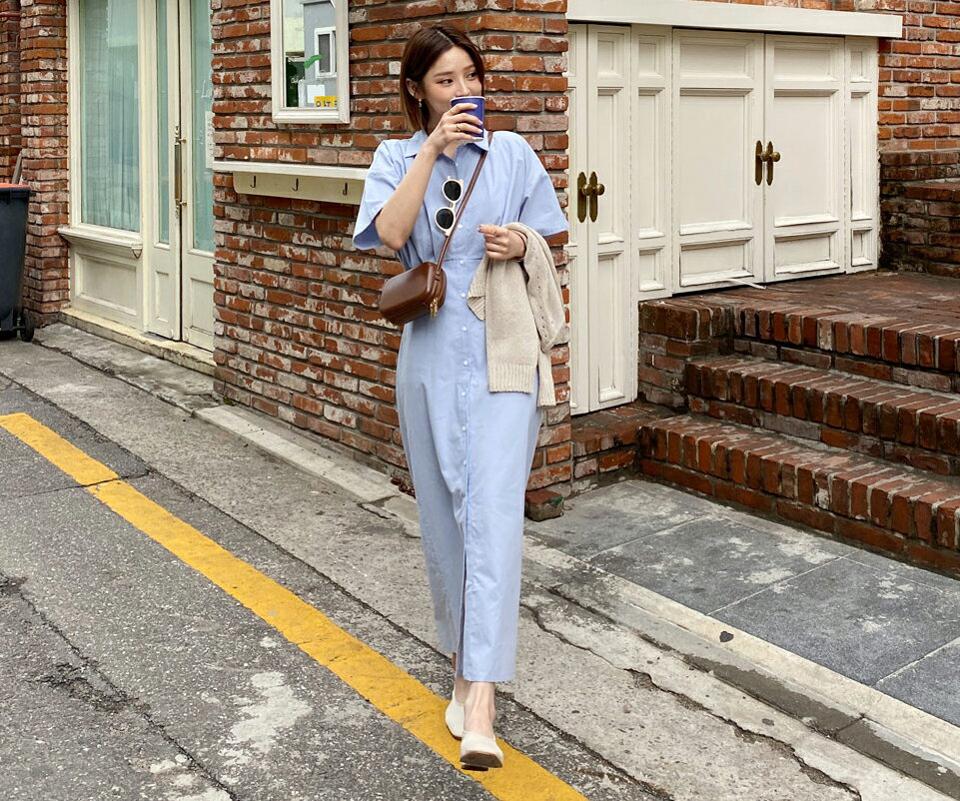 リボンシャツワンピース・全4色・t65240 レディース 【ops】 韓国 ファッション ワンピース ロング ロングワンピース 半袖 シャツワンピース リボン スリム フィット ボタン ハーフスリーブ 体型カバー 細身 ベーシック 夏 春