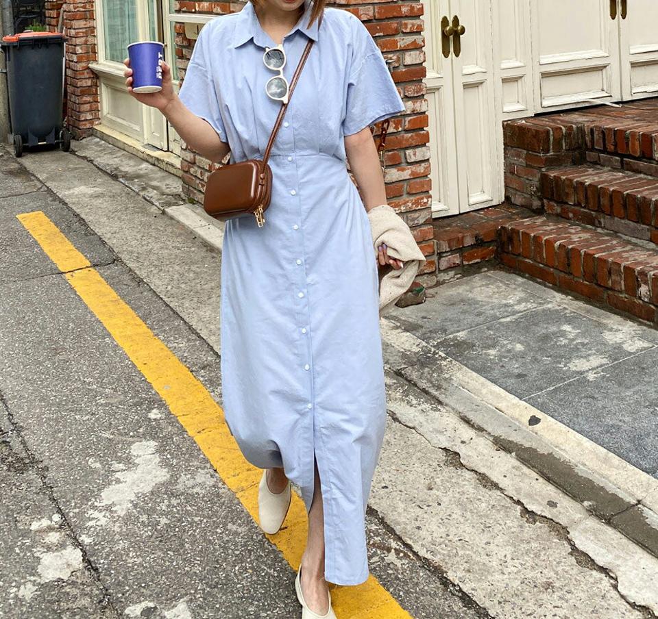 リボンシャツワンピース・全4色・t65240 レディース 【ops】 韓国 ファッション ワンピース ロング ロングワンピース 半袖 シャツワンピース リボン スリム フィット ボタン ハーフスリーブ 体型カバー 細身 ベーシック 夏 春