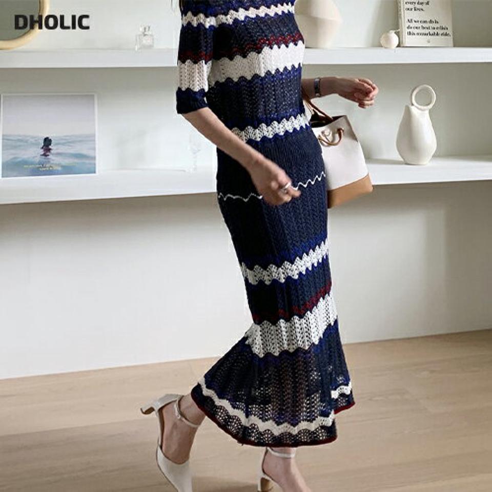 配色パンチングニット&スカートSET・全2色・b68116 レディース 【ops】【セットアップ setup トップス 半袖 ハーフスリーブ ニット ニットトップス ニットアップ スカート ロングスカート カジュアル 大人 春 夏 韓国 ファッション】【ハイホリHIHOLLI】