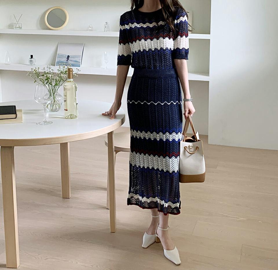 配色パンチングニット&スカートSET・全2色・b68116 レディース 【ops】【セットアップ setup トップス 半袖 ハーフスリーブ ニット ニットトップス ニットアップ スカート ロングスカート カジュアル 大人 春 夏 韓国 ファッション】【ハイホリHIHOLLI】