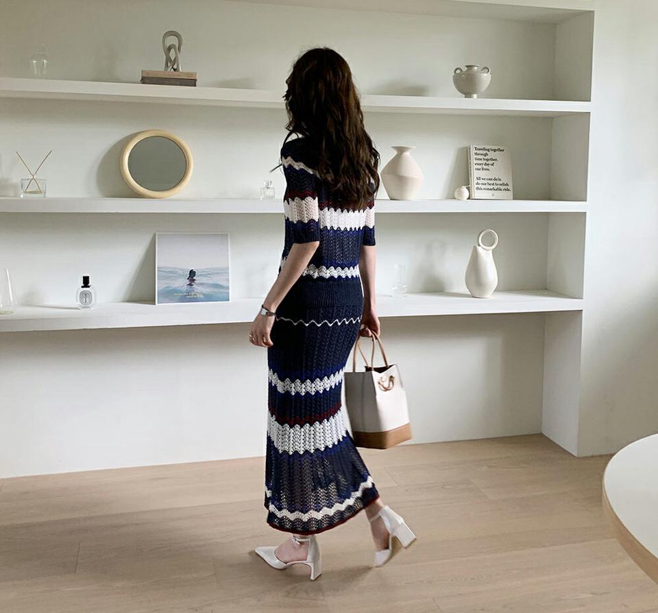 配色パンチングニット&スカートSET・全2色・b68116 レディース 【ops】【セットアップ setup トップス 半袖 ハーフスリーブ ニット ニットトップス ニットアップ スカート ロングスカート カジュアル 大人 春 夏 韓国 ファッション】【ハイホリHIHOLLI】