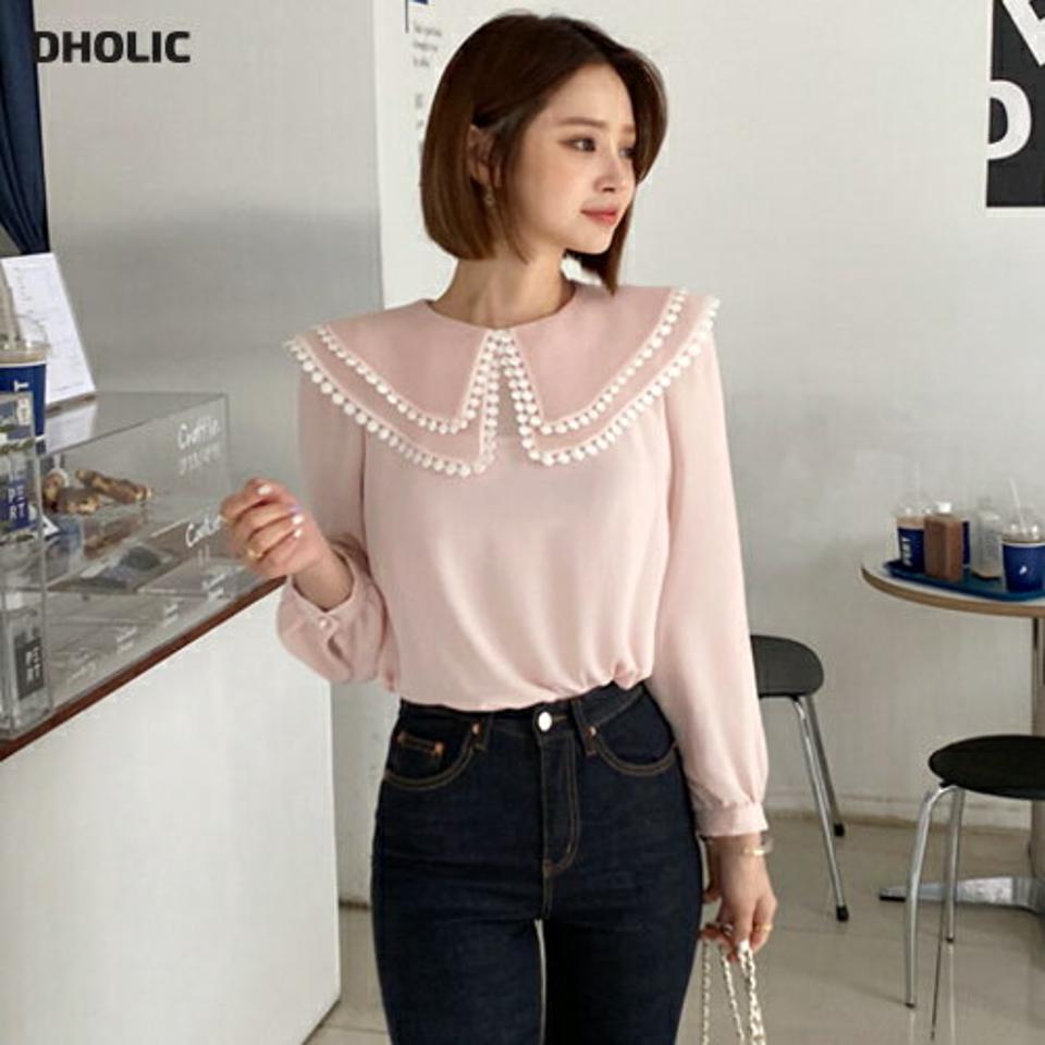 レースビッグカラーブラウス・全3色・t65238 レディース 【bl】【韓国 ファッション トップス ブラウス 長袖 ラウンドネック ルーズ ゆったり ビッグカラー 体型カバー スリム ベーシック 細身 夏 春】