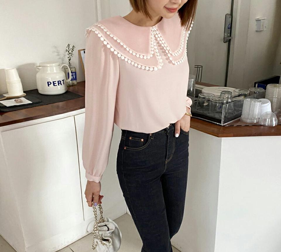 レースビッグカラーブラウス・全3色・t65238 レディース 【bl】【韓国 ファッション トップス ブラウス 長袖 ラウンドネック ルーズ ゆったり ビッグカラー 体型カバー スリム ベーシック 細身 夏 春】