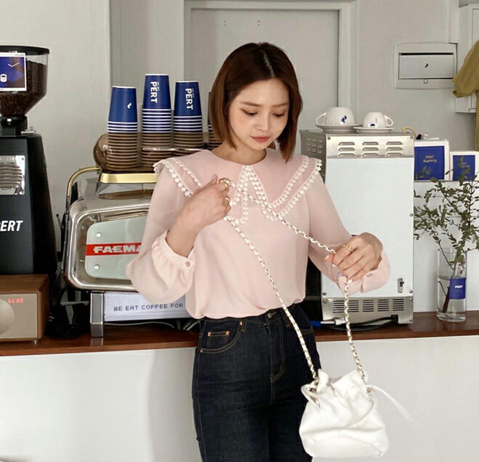 レースビッグカラーブラウス・全3色・t65238 レディース 【bl】【韓国 ファッション トップス ブラウス 長袖 ラウンドネック ルーズ ゆったり ビッグカラー 体型カバー スリム ベーシック 細身 夏 春】