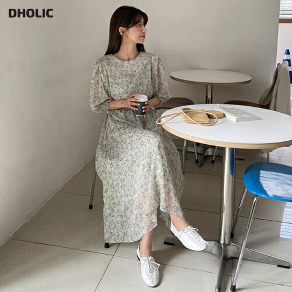 花柄シャーリングワンピース・全3色・t65239 レディース 【ops】【韓国 ファッション ワンピース ロング ロングワンピース 長袖 花柄 フラワー フローラル パターン シフォン フレア シャーリング ラウンドネック 体型カバー 細身 夏 春】