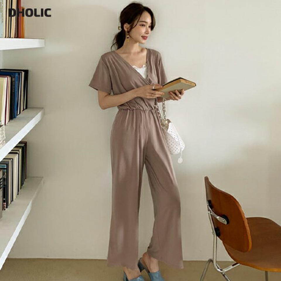 カシュクール半袖オールインワン・全3色・b68115 レディース 【pt】【オールインワン パンツ ズボン ロングパンツ 半袖 カシュクール 単色 無地 シンプル 大人 きれいめ 鎖骨 デコルテ 春 夏 韓国 ファッション】【ハイホリHIHOLLI】