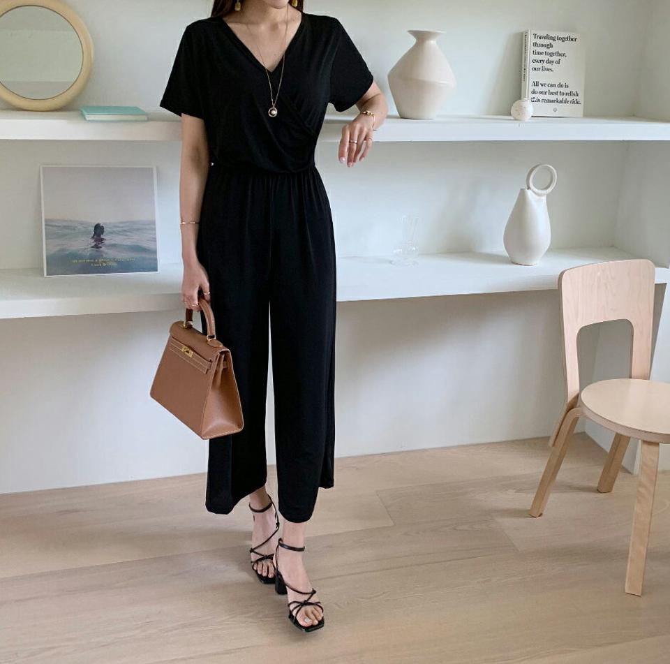 カシュクール半袖オールインワン・全3色・b68115 レディース 【pt】【オールインワン パンツ ズボン ロングパンツ 半袖 カシュクール 単色 無地 シンプル 大人 きれいめ 鎖骨 デコルテ 春 夏 韓国 ファッション】【ハイホリHIHOLLI】