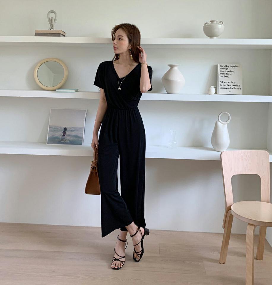 カシュクール半袖オールインワン・全3色・b68115 レディース 【pt】【オールインワン パンツ ズボン ロングパンツ 半袖 カシュクール 単色 無地 シンプル 大人 きれいめ 鎖骨 デコルテ 春 夏 韓国 ファッション】【ハイホリHIHOLLI】