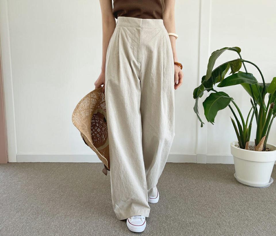 リネンツータックワイドパンツ・全2色・t65083 レディース 【pt】 韓国 ファッション ボトムス ロング ロングパンツ リネン ツータック ワイドパンツ ワイド 美脚 10分丈 十分丈 細身 体型カーバー スリム 夏 春