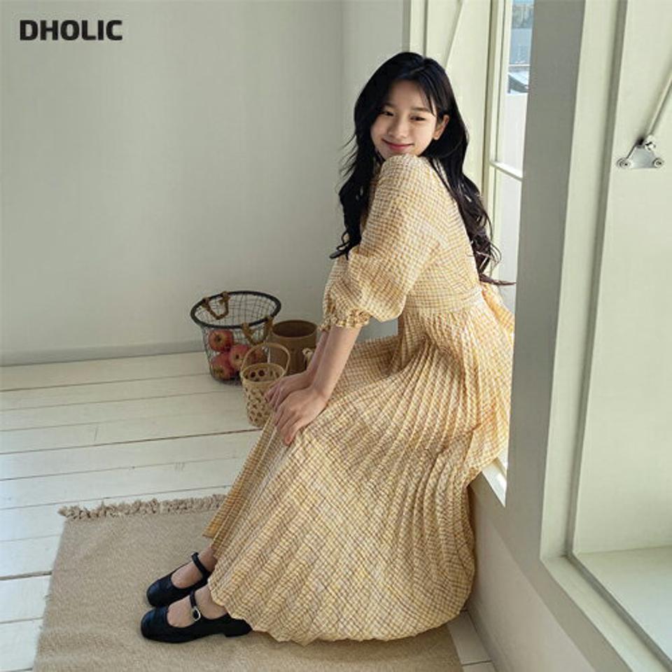 リンクルチェックリボンワンピース・全3色・t63977 レディース 【ops】 韓国 ファッション ワンピース ロング ロングワンピース 半袖 ガーリー チェック ラウンドネック リボン フェミニン 細身 体型カバー 春 夏 NIJU