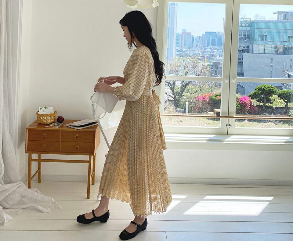 リンクルチェックリボンワンピース・全3色・t63977 レディース 【ops】 韓国 ファッション ワンピース ロング ロングワンピース 半袖 ガーリー チェック ラウンドネック リボン フェミニン 細身 体型カバー 春 夏 NIJU