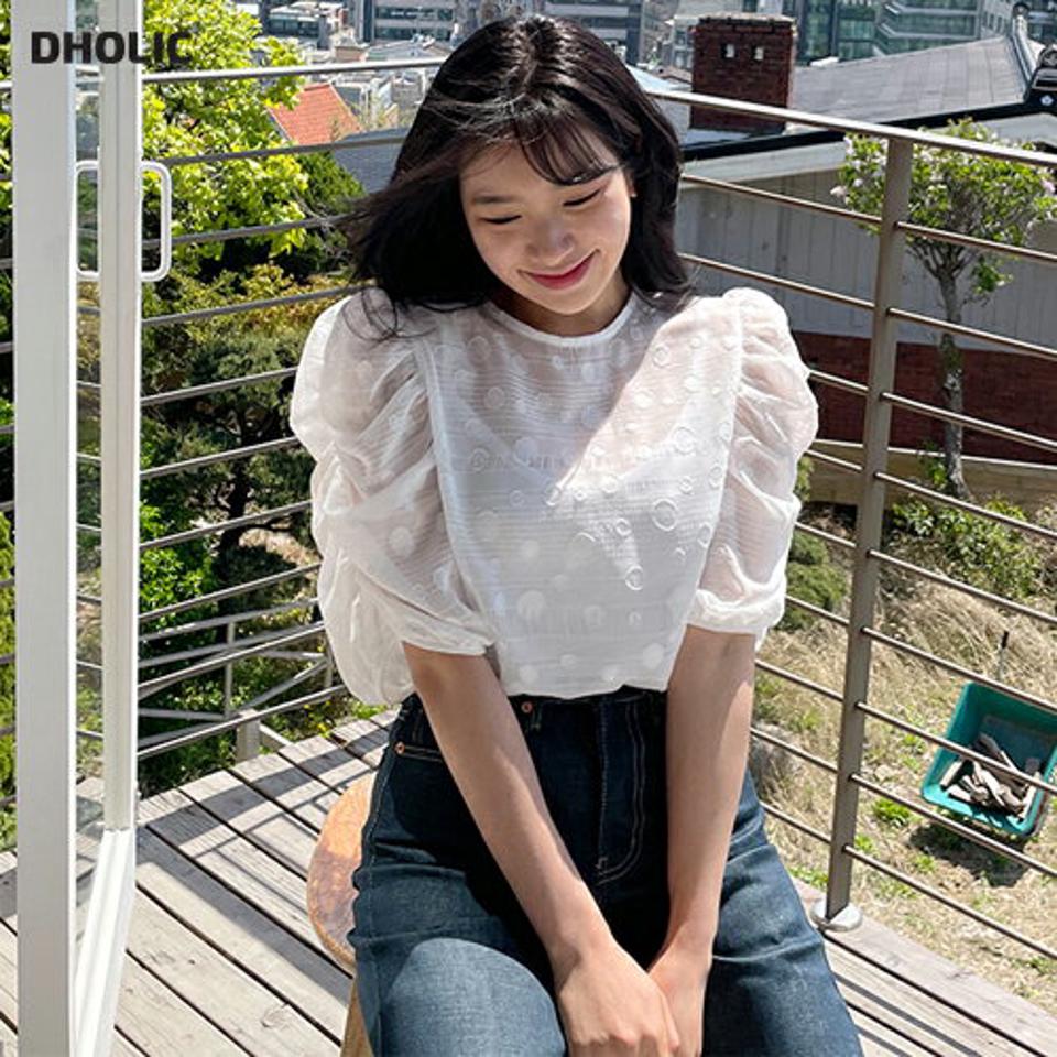 ドットシアーブラウス・全3色・b63963 レディース 【bl】【韓国 ファッション トップス ブラウス 半袖 シアー ドット パターン ラウンドネック 7分丈袖 ギャザー ボリューム ガーリー ベーシック 体型カバー 細身 春 夏】【NIJU】