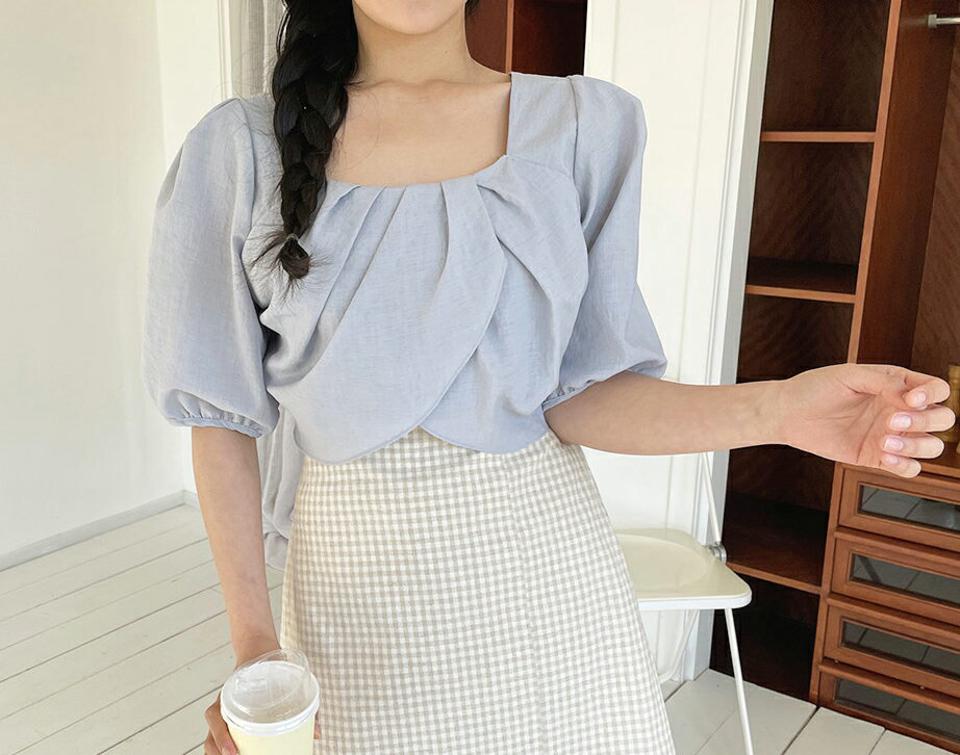 チューリップパフブラウス・全4色・b63965 レディース 【bl】【韓国 ファッション トップス ブラウス 半袖 パフスリーブ スクエアネック ルーズ ゆったり ガーリー ベーシック 体型カバー 細身 かわいい 春 夏】【NIJU】