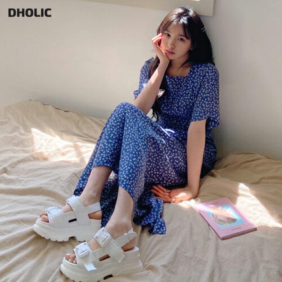 スクエア花柄リボンワンピース・全2色・t63947 レディース 【ops】 韓国 ファッション ワンピース ロング ロングワンピース 半袖 花柄 フラワー リボン ハーフスリーブ フェミニン 体型カバー 春 夏 NIJU