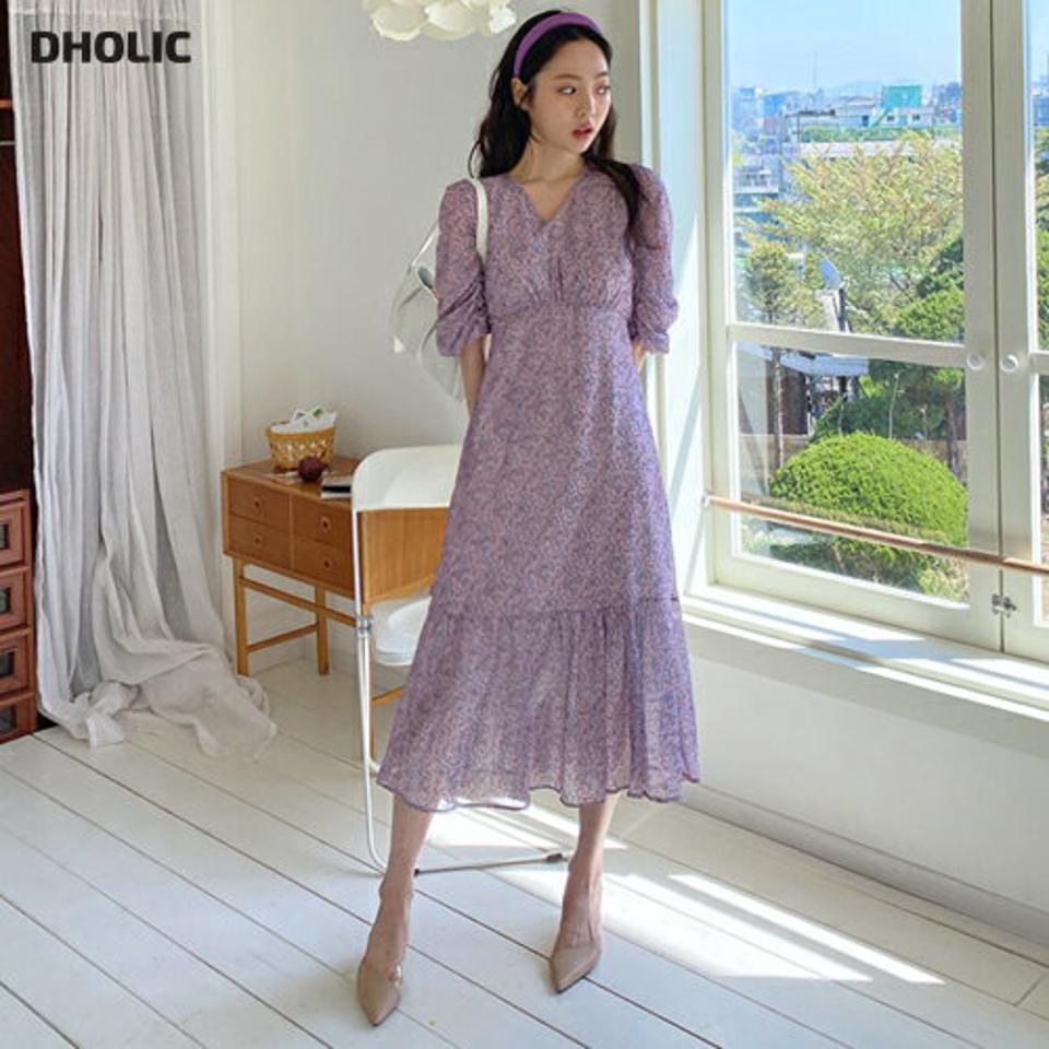 ギャザー小花柄ワンピース・全3色・t63962 レディース 【ops】 韓国 ファッション ワンピース ロング ロングワンピース 半袖 Vネック シフォン 小花柄 フレア 7分丈袖 ギャザー リボン 花柄 フラワー 体型カバー 細身 ベーシック 夏 春