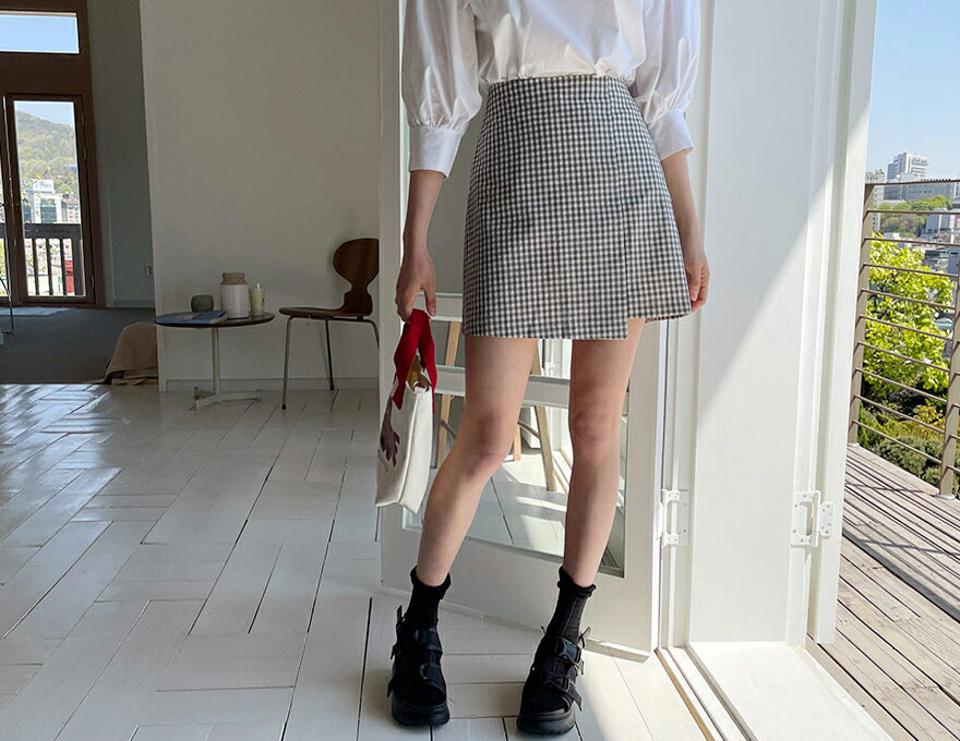 リネン混チェックミニスカート・全3色・b63967 レディース 【sk】韓国ファッション ボトムス スカート ミニ ミニスカート シンプル ガーリー チェック リネン ドライ ラップ風 デイリー 体型カバー 細身 春 夏 NIJU