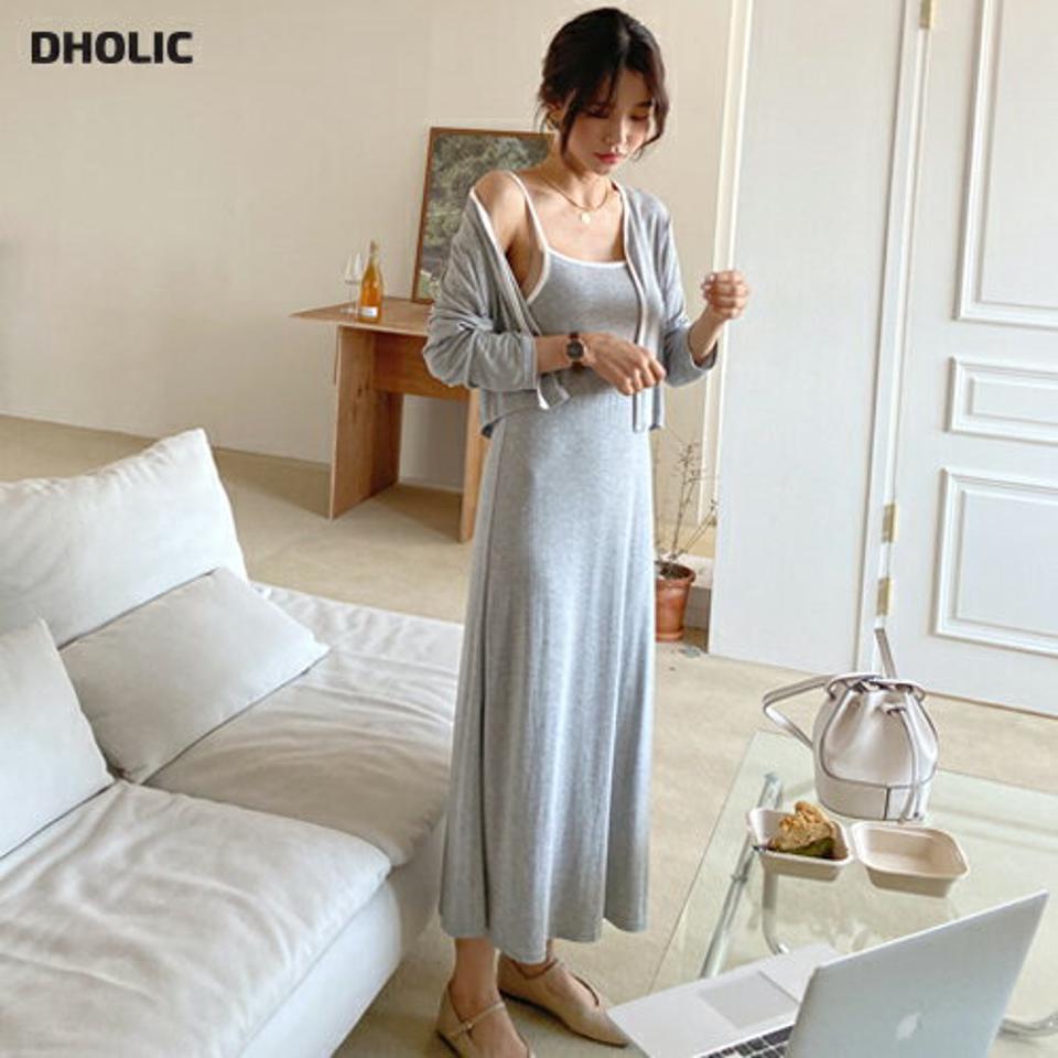 配色カーデ&キャミワンピースSET・全2色・t61919 レディース 【ops】【韓国 ファッション ワンピース ロング ロングワンピース 配色 セット カーディガン スクエアネック キャミ キャミワンピース スリム フィット 体型カバー 細身 夏 春】