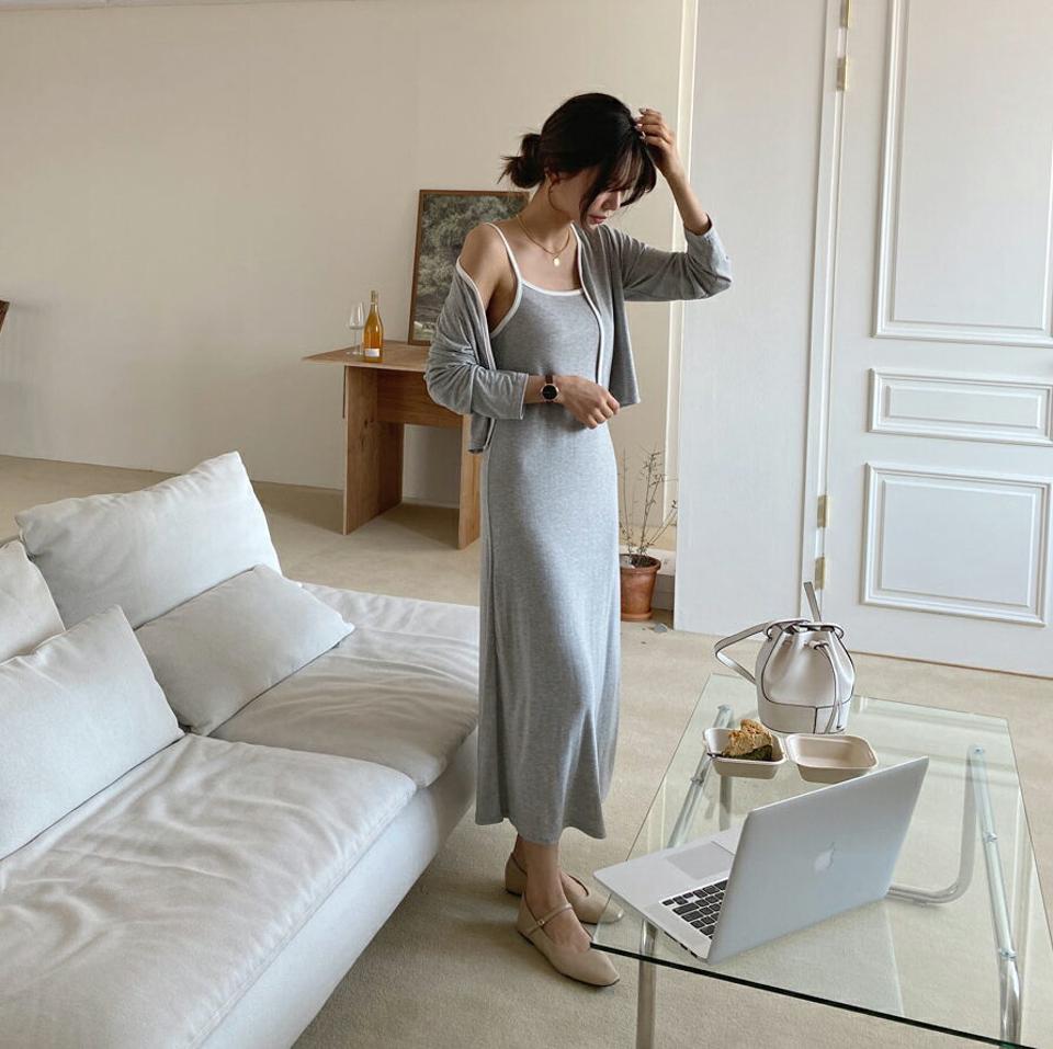 配色カーデ&キャミワンピースSET・全2色・t61919 レディース 【ops】【韓国 ファッション ワンピース ロング ロングワンピース 配色 セット カーディガン スクエアネック キャミ キャミワンピース スリム フィット 体型カバー 細身 夏 春】