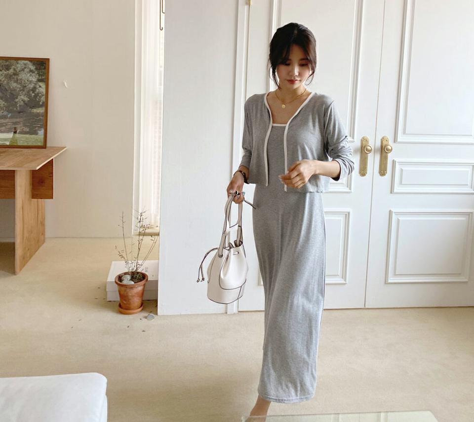 配色カーデ&キャミワンピースSET・全2色・t61919 レディース 【ops】【韓国 ファッション ワンピース ロング ロングワンピース 配色 セット カーディガン スクエアネック キャミ キャミワンピース スリム フィット 体型カバー 細身 夏 春】