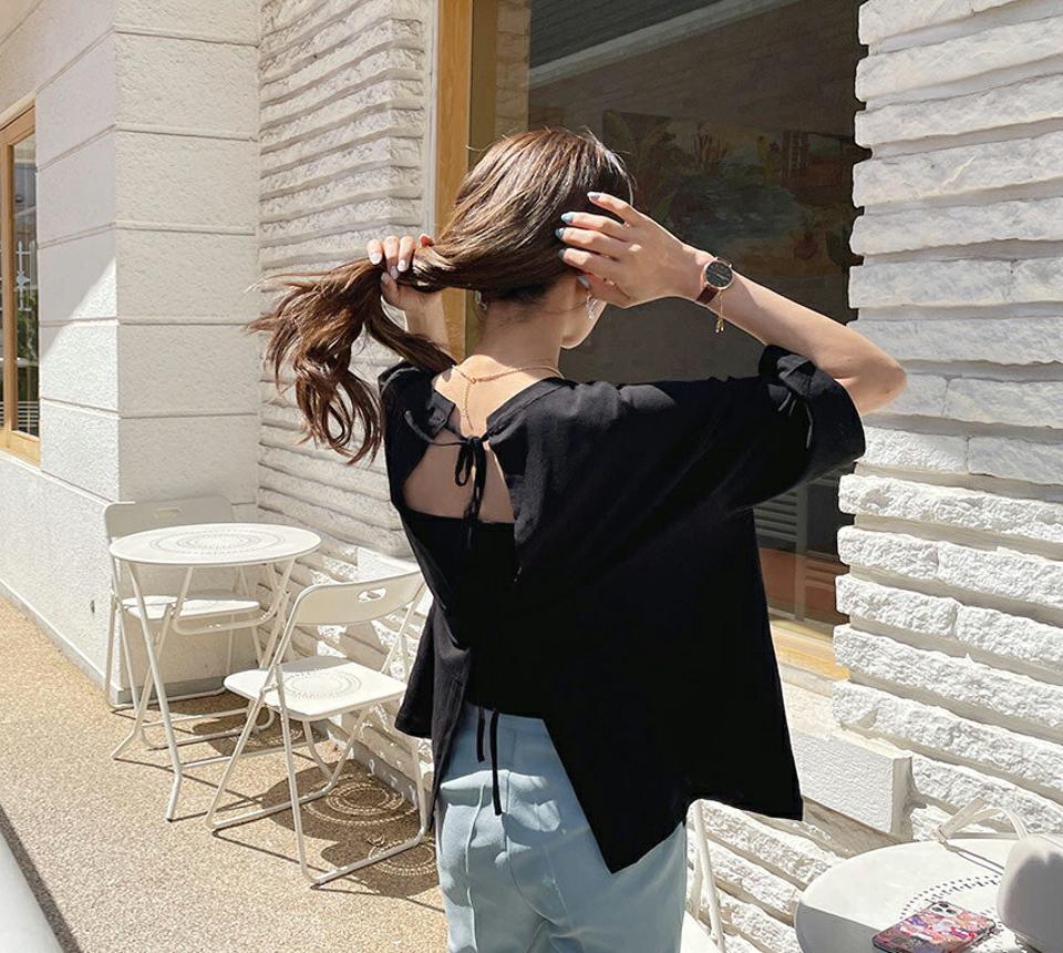 バックリボンTシャツ・全3色・t61911 レディース 【tops】【韓国 ファッション トップス Tシャツ 半袖 レイヤード風 バックオープン リボン バックリボン 後ろリボン ラウンドネック ハーフスリーブ カジュアル 体型カーバー 夏 春】