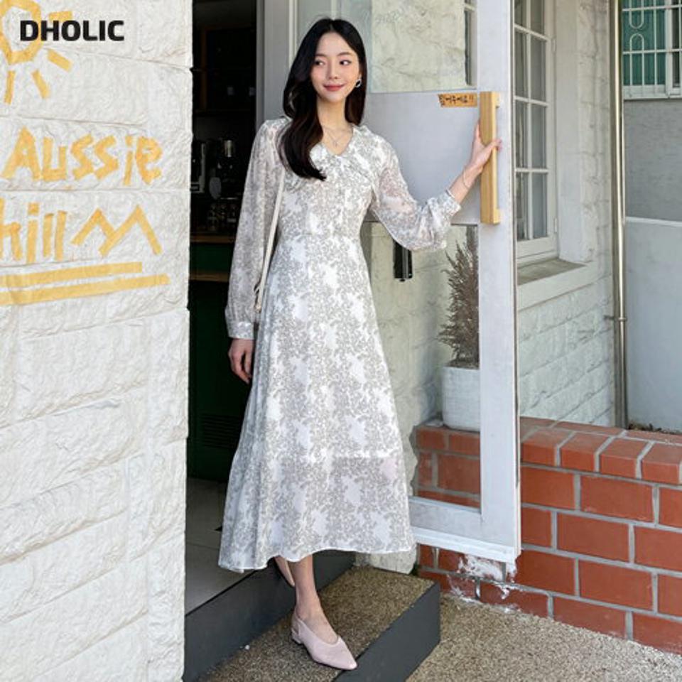 フリルカラーフローラルワンピース・全2色・t61921 レディース 【ops】 韓国 ファッション ワンピース ロング ロングワンピース 長袖 大きい 襟 フリルカラー ビックカラー フレア 花柄 フラワー パターン リボン Vネック シフォン 夏 春