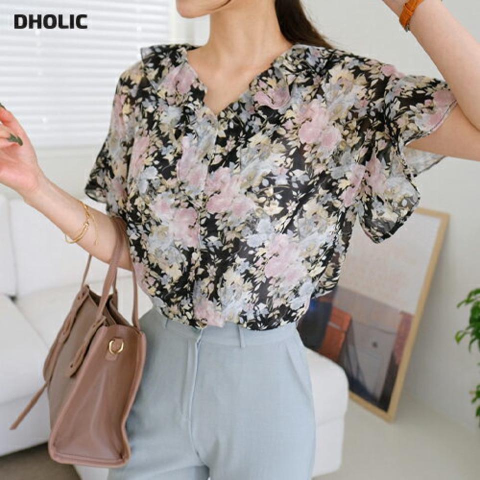 花柄フリルシフォンブラウス・全2色・b67978 レディース 【bl】【トップス ブラウス シフォン 花柄 フラワー フリル フェミニン かわいい 女の子 春 夏 韓国 ファッション】【ハイホリHIHOLLI】