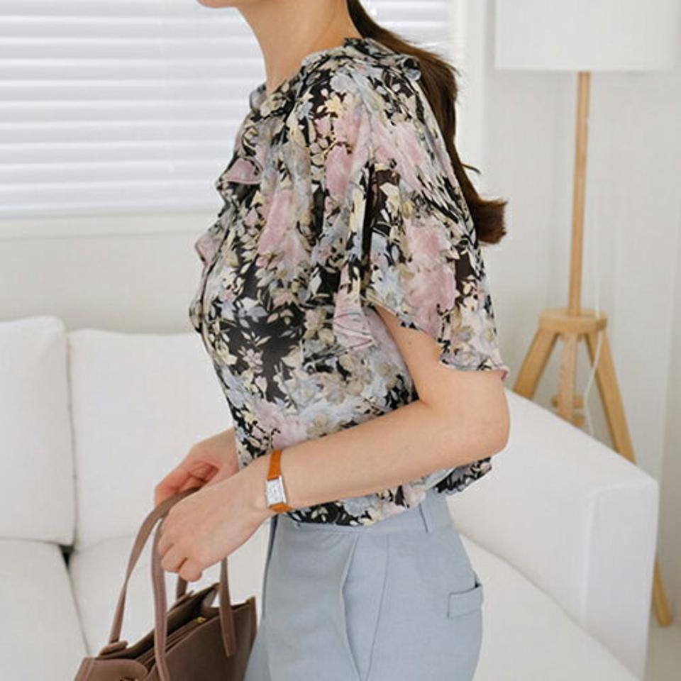 花柄フリルシフォンブラウス・全2色・b67978 レディース 【bl】【トップス ブラウス シフォン 花柄 フラワー フリル フェミニン かわいい 女の子 春 夏 韓国 ファッション】【ハイホリHIHOLLI】